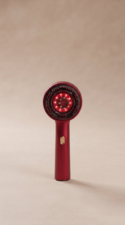 Brosse massante HairRevive rouge sur fond beige
