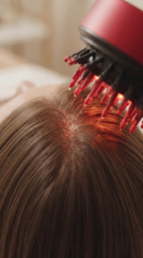 Gros plan de HairRevive sur le cuir chevelu avec lumière LED rouge